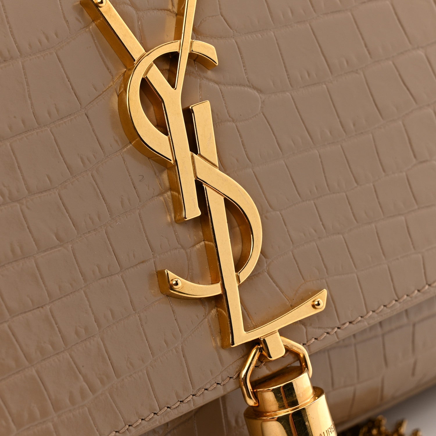 Saint Laurent Calfskin Crocodile Embossed Medium Classic Monogram Kate Tassel Satchel Dark Beige 11 of 11