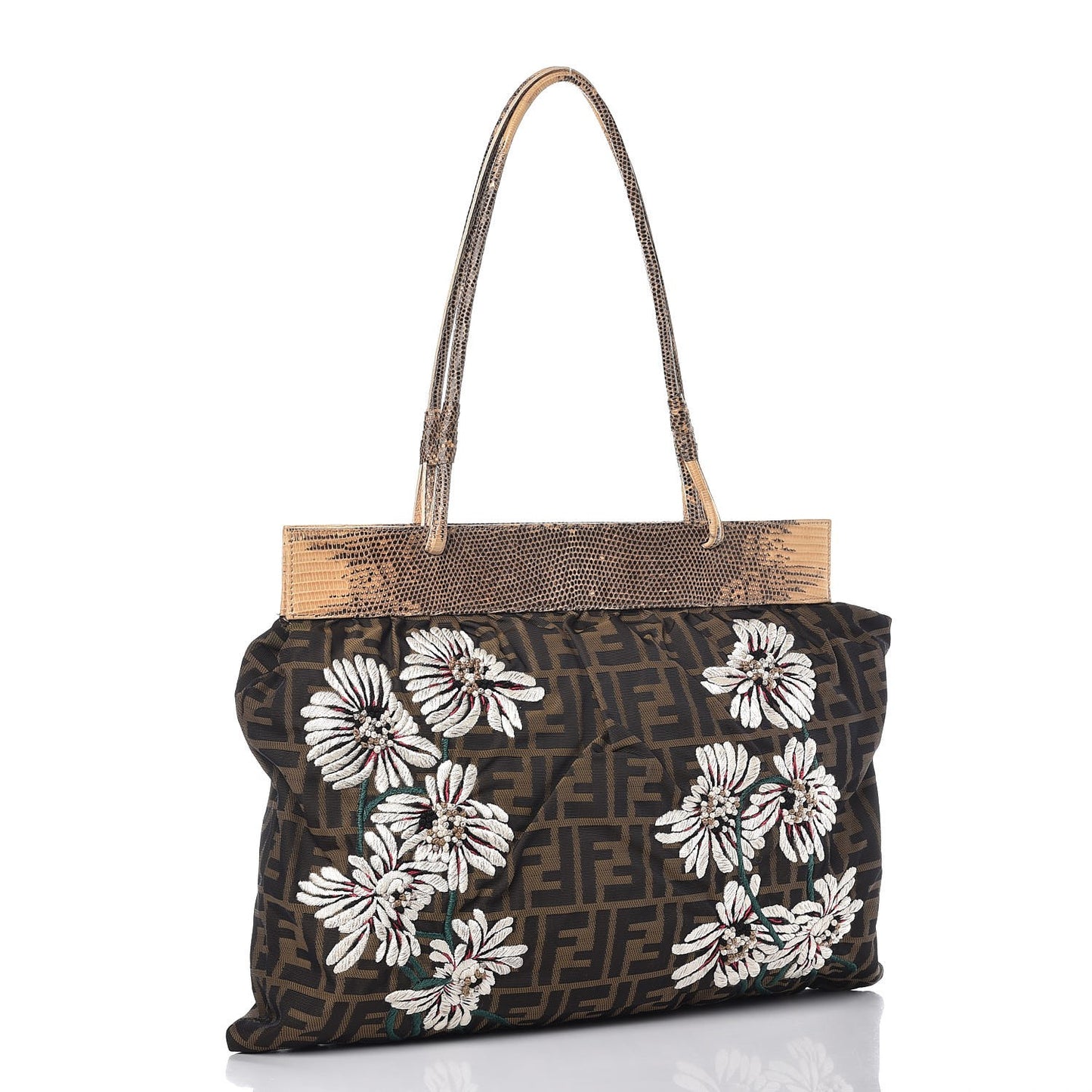 Zucca Embroidered Lizard Trim Bag Tobacco