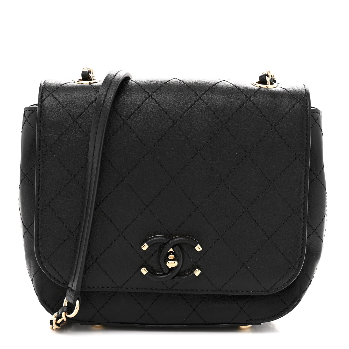 Calfskin Stitched Small Covered CC Flap Bag Black