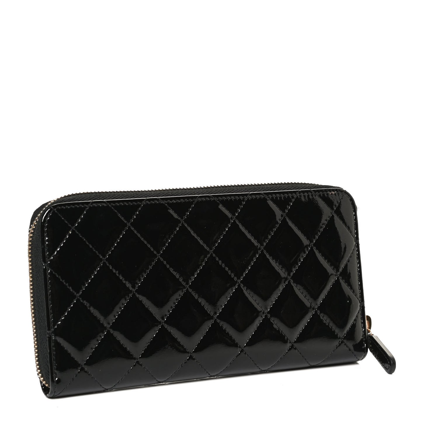 Patent Quilted Large Gusset Zip Around Wallet Black