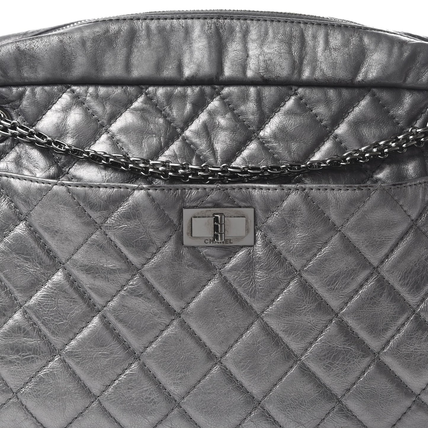 Metallic Aged Calfskin Quilted Large Reissue Camera Case Silver