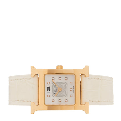 Hermes Stainless Steel Alligator Diamond Mother of Pearl 21mm Heure H Hour Quartz Watch Blanc 2 of 5