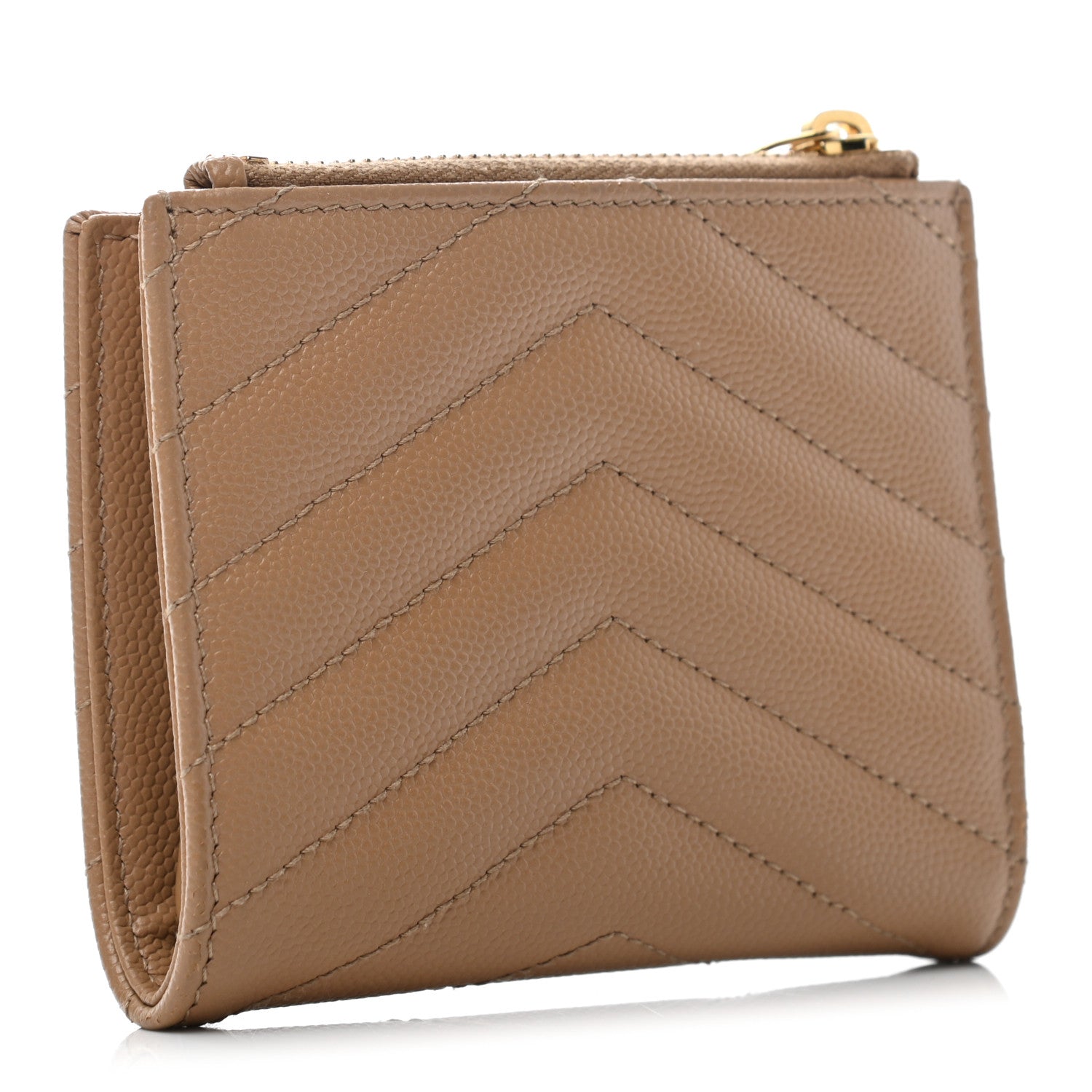 Saint Laurent Grain De Poudre Matelasse Chevron Monogram Zipped Card Case Deep Beige 3 of 6