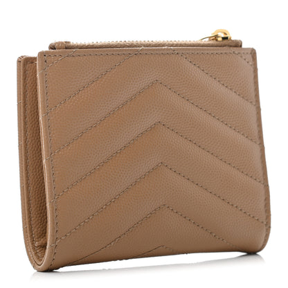 Saint Laurent Grain De Poudre Matelasse Chevron Monogram Zipped Card Case Deep Beige 3 of 6