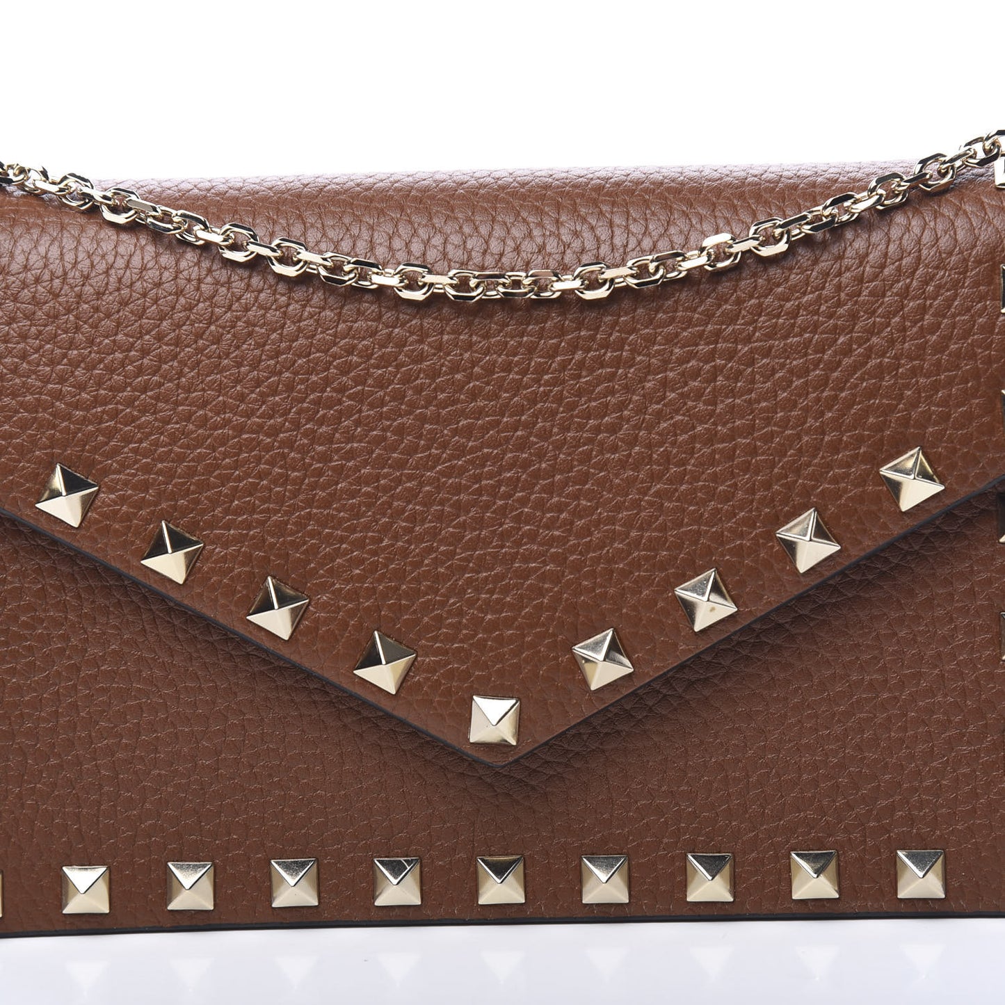 Pebbled Calfskin Rockstud Envelope Wallet on Chain Bright Cognac
