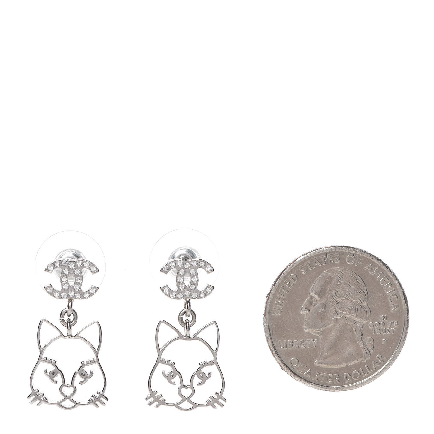 Crystal Emoji Choupette Cat CC Earrings Silver