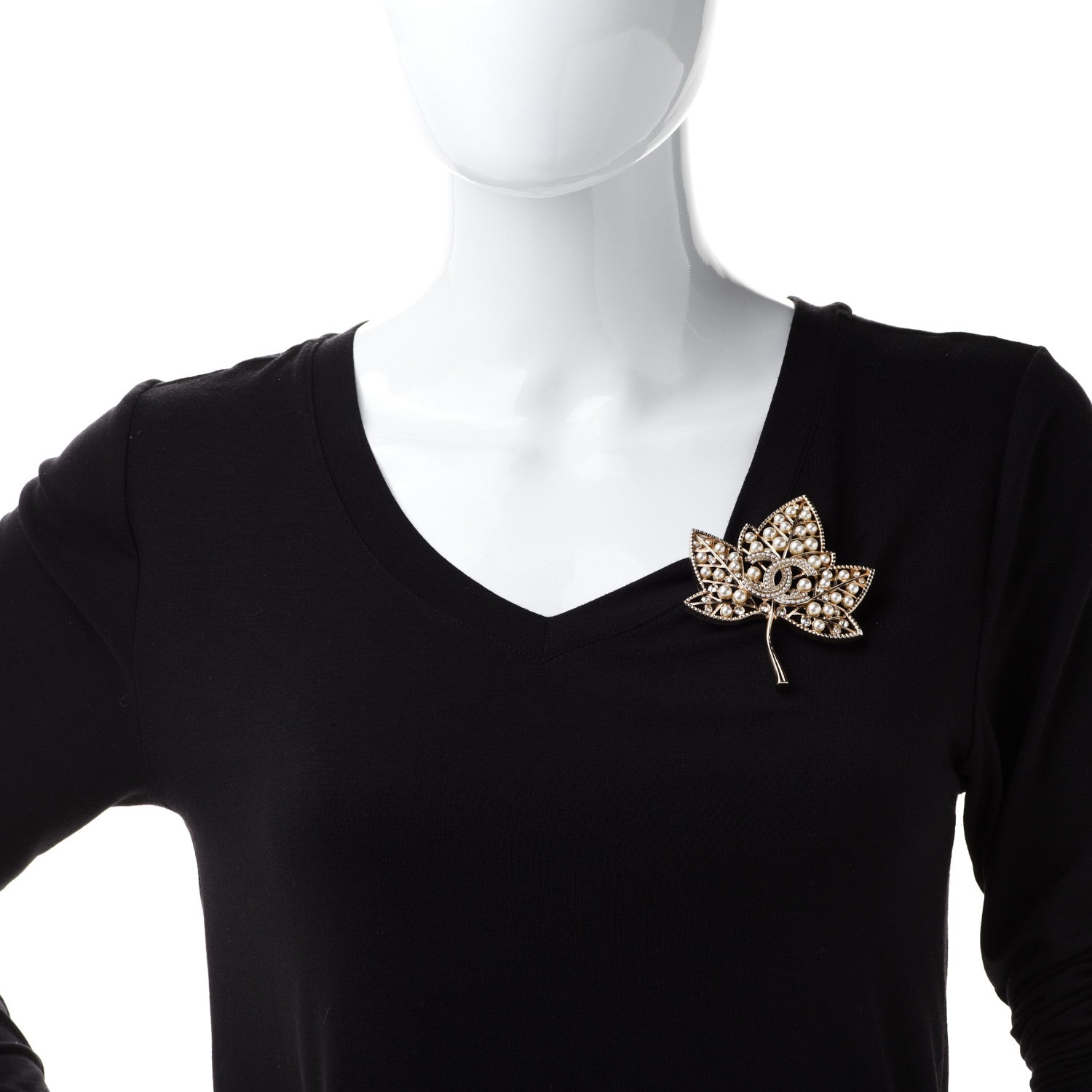 Chanel Pearl Crystal CC Leaf Brooch Gold 2 of 5
