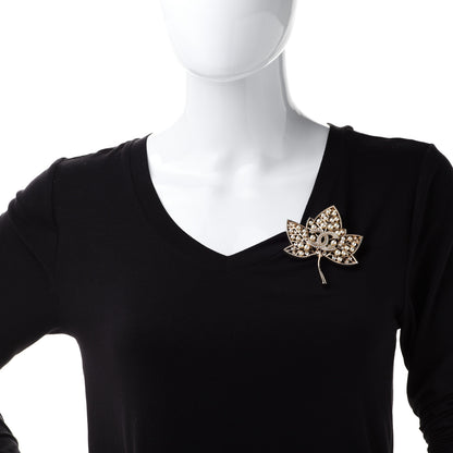 Chanel Pearl Crystal CC Leaf Brooch Gold 2 of 5