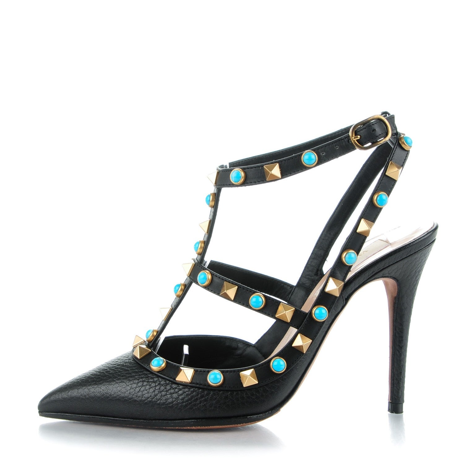 Valentino Garavani Pebbled Calfskin Turquoise Rockstud Rolling Ankle Strap 100mm Pumps 34.5 Black 1 of 8
