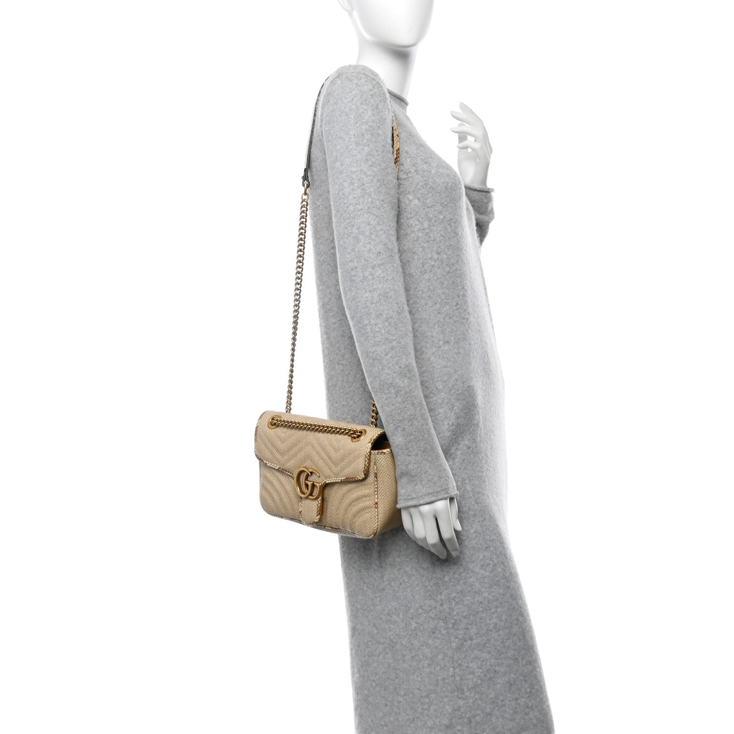 Gucci Raffia Elaphe Matelasse Small GG Marmont Shoulder Bag Natural Cream Brown 2 of 10