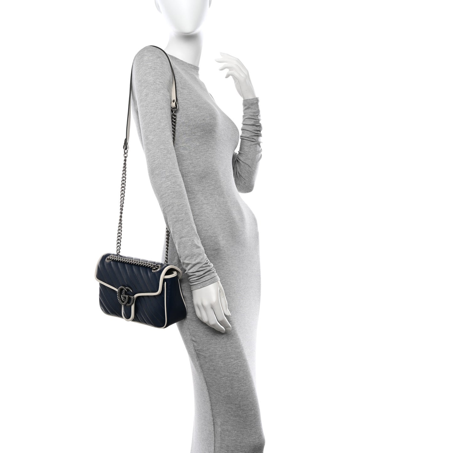 Vintage Effect Calfskin Matelasse Diagonal Small Torchon GG Marmont Shoulder Bag Blue Agata Mystic White