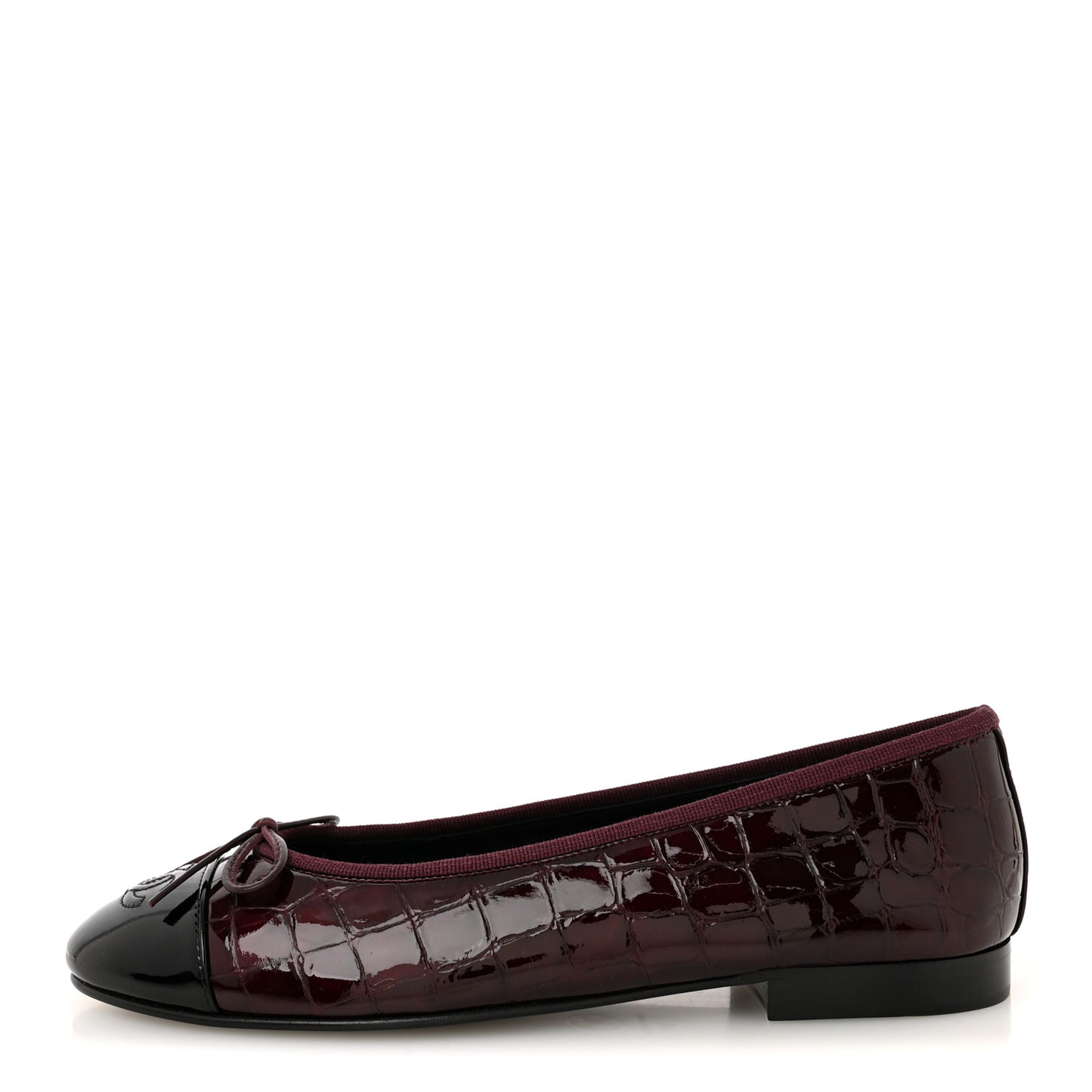Patent Calfskin Crocodile Embossed Ballerina Flats 38 Dark Burgundy Black