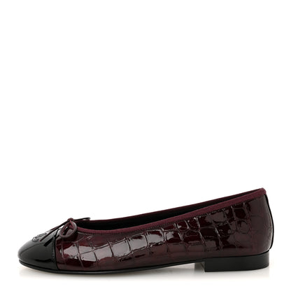 Chanel Patent Calfskin Crocodile Embossed Ballerina Flats 38 Dark Burgundy Black 1 of 10