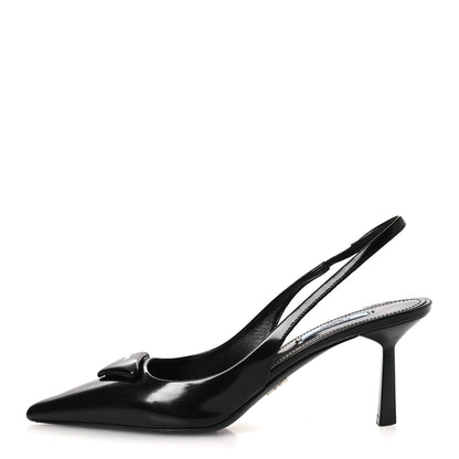 Prada Spazzolato Triangle Logo Pointed Toe 75mm Slingback Pumps 36.5 Black 1 of 10