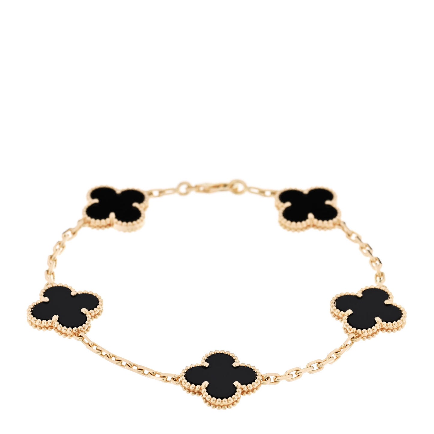 18K Yellow Gold Black Onyx 5 Motifs Vintage Alhambra Bracelet