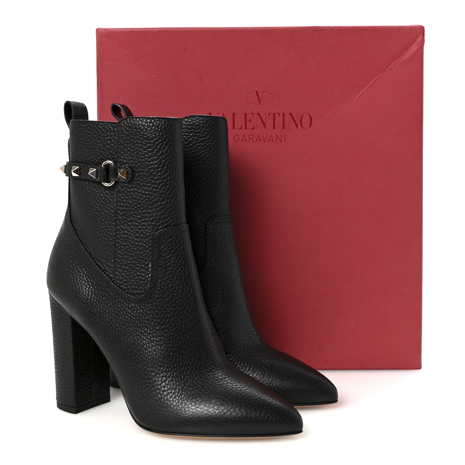 Valentino Garavani Pebbled Calfskin Rockstud Single Buckle 90mm Block Heel Ankle Boots 38 Black 10 of 10