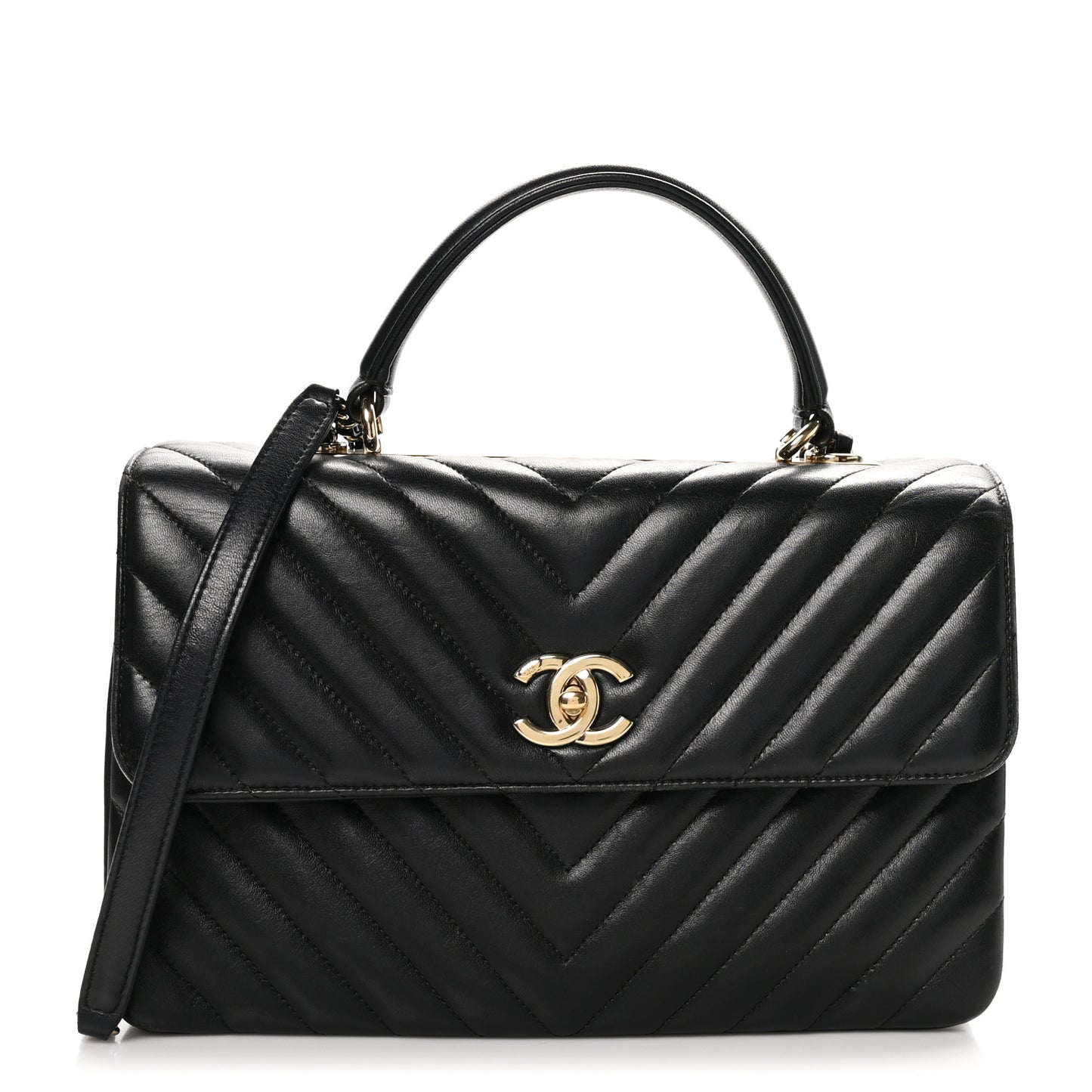 Lambskin Chevron Quilted Medium Trendy CC Dual Handle Flap Bag Black