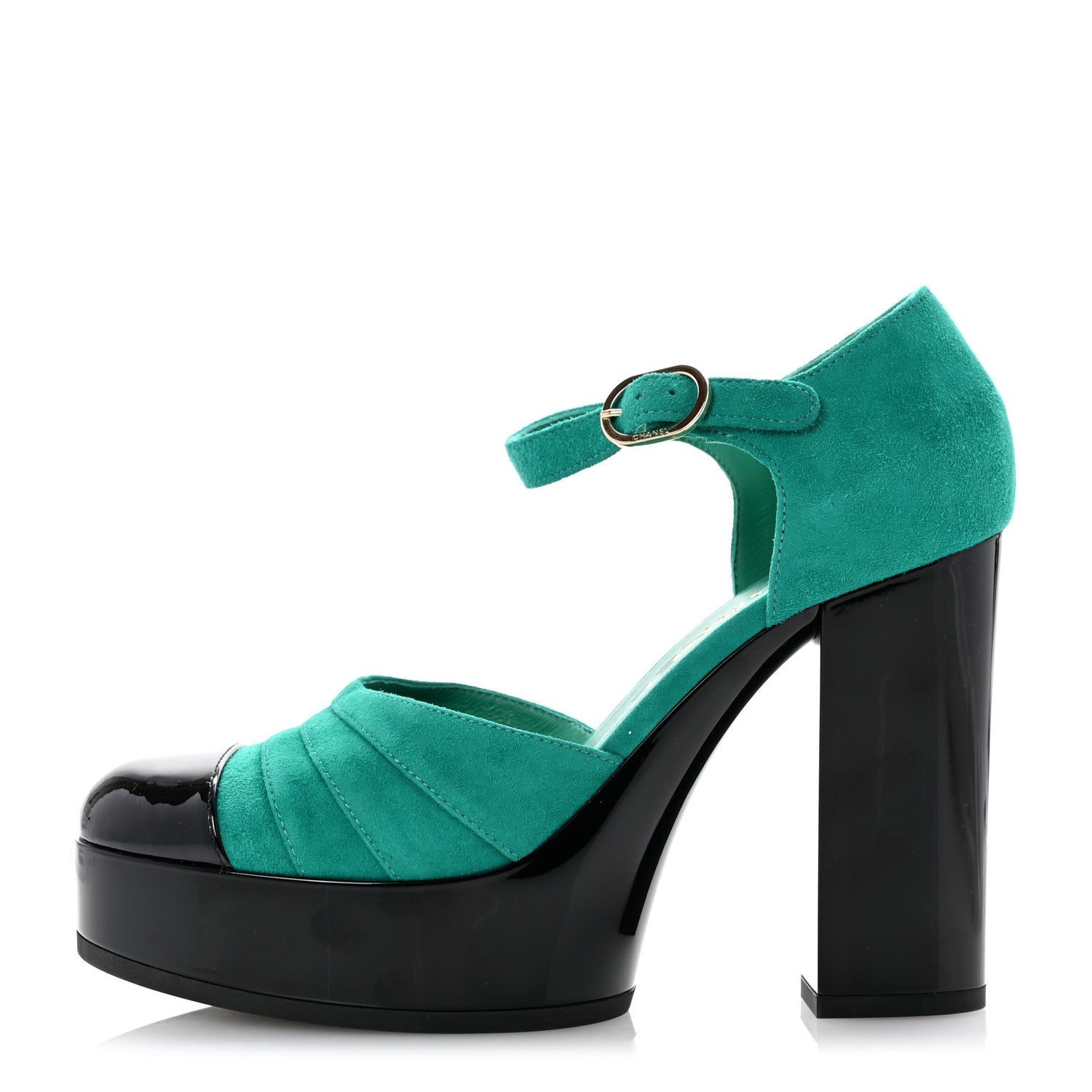 Chanel Suede Kidskin Patent Calfskin CC Platform Pumps 37.5 Green Black 1 of 10