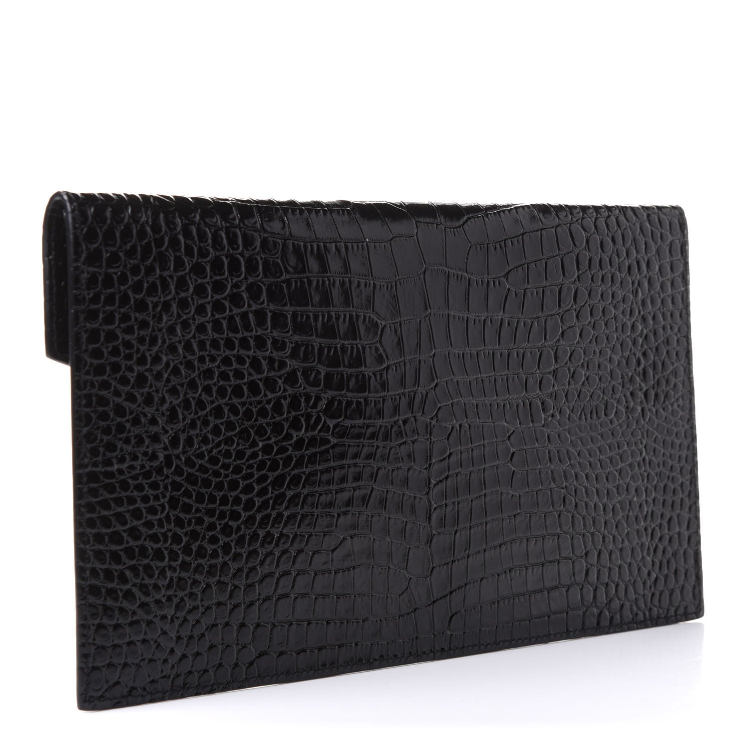 Saint Laurent Calfskin Crocodile Embossed Uptown Monogram Clutch Black 3 of 8