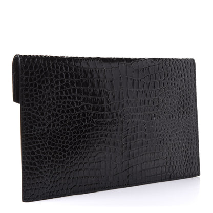 Saint Laurent Calfskin Crocodile Embossed Uptown Monogram Clutch Black 3 of 8