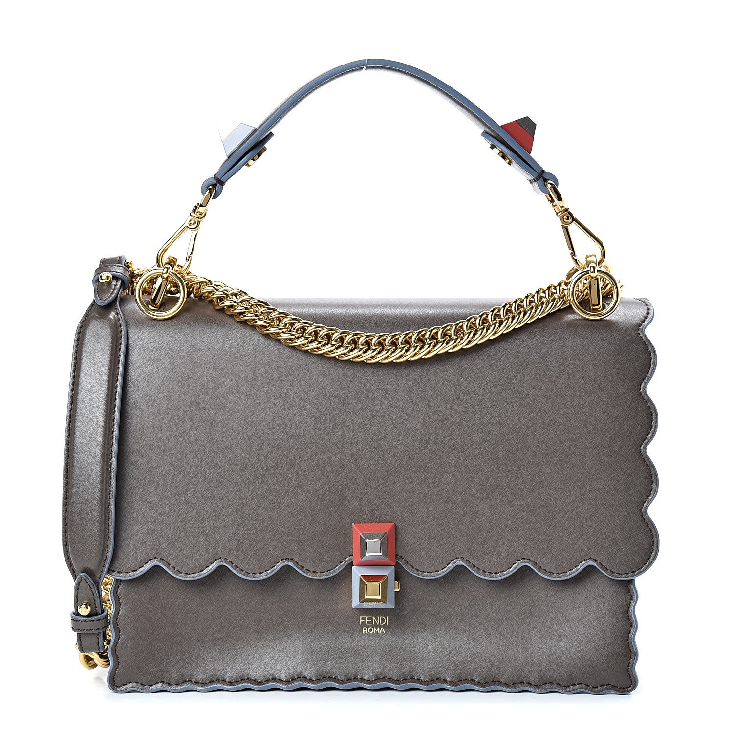 Fendi Vitello Liberty Scalloped Studded Kan I Shoulder Bag Carbone 1 of 11