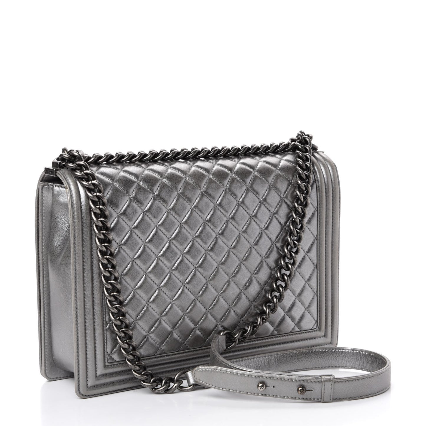 Metallic Calfskin Quilted Large Boy Flap Silver