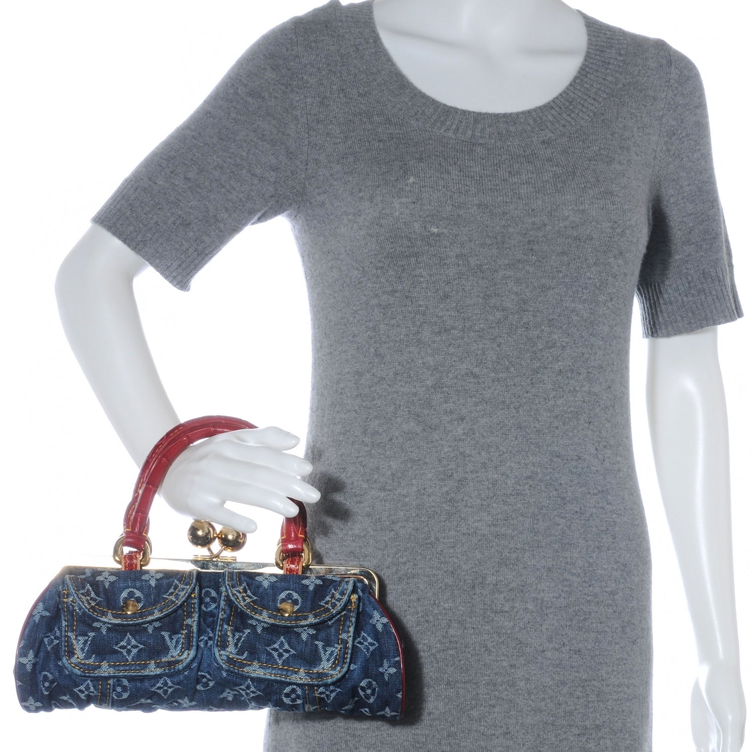Louis Vuitton Denim Alligator Sac Fermoir GM 2 of 7