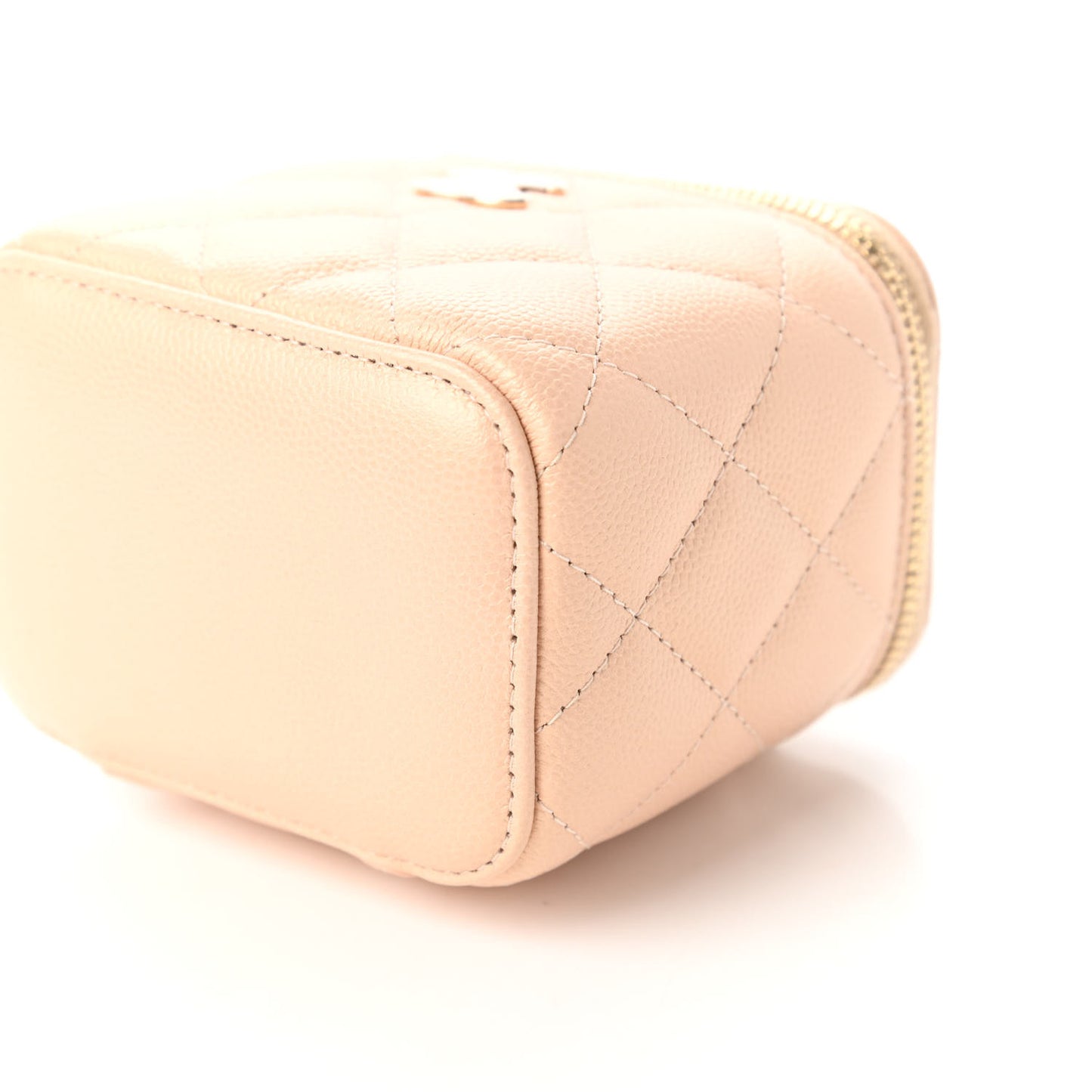 Iridescent Caviar Quilted Mini Pearl On Top Vanity Case With Chain Beige