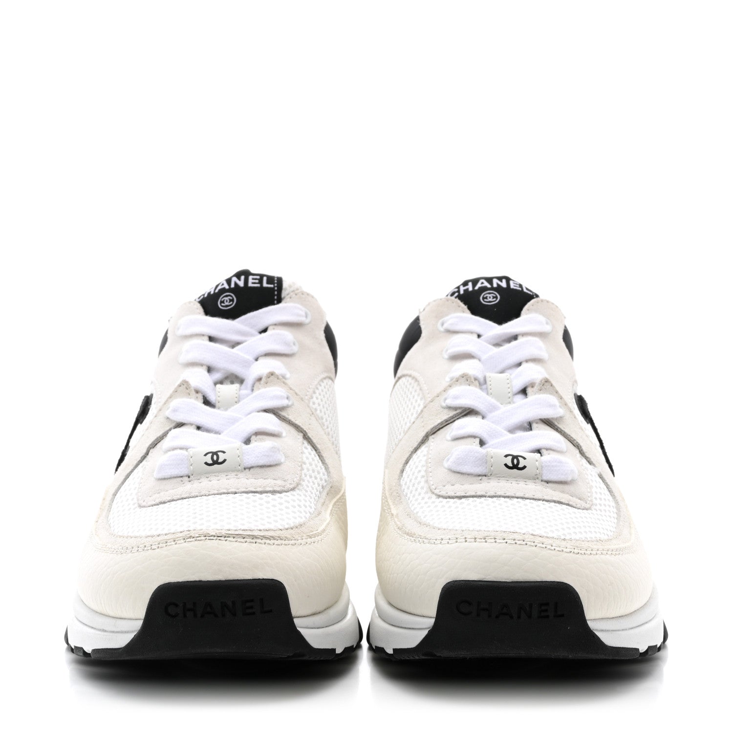 Chanel Mesh Suede Calfskin Grained Calfskin Womens CC Sneakers 39.5 White Black 2 of 12
