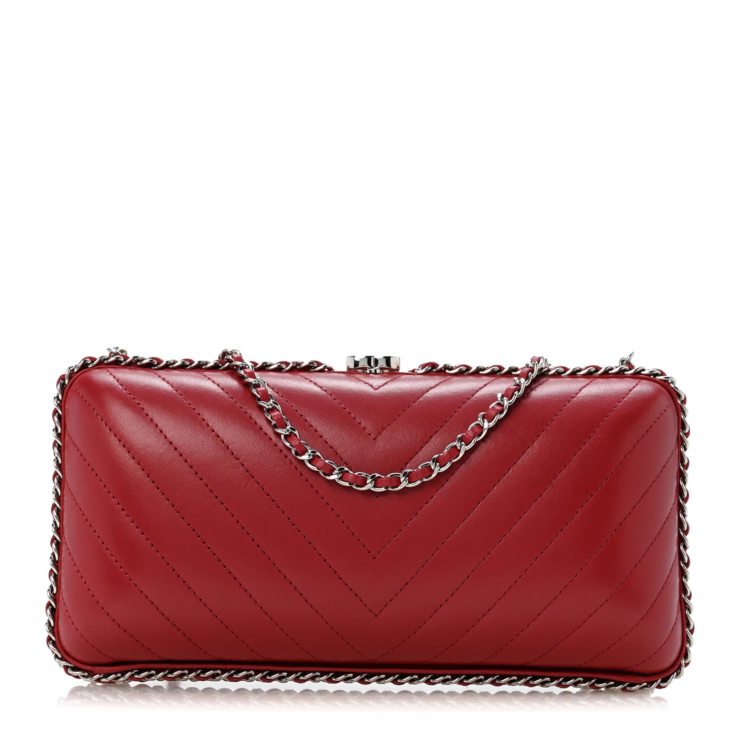 Lambskin Chevron Quilted Chain Around Clutch Dark Red