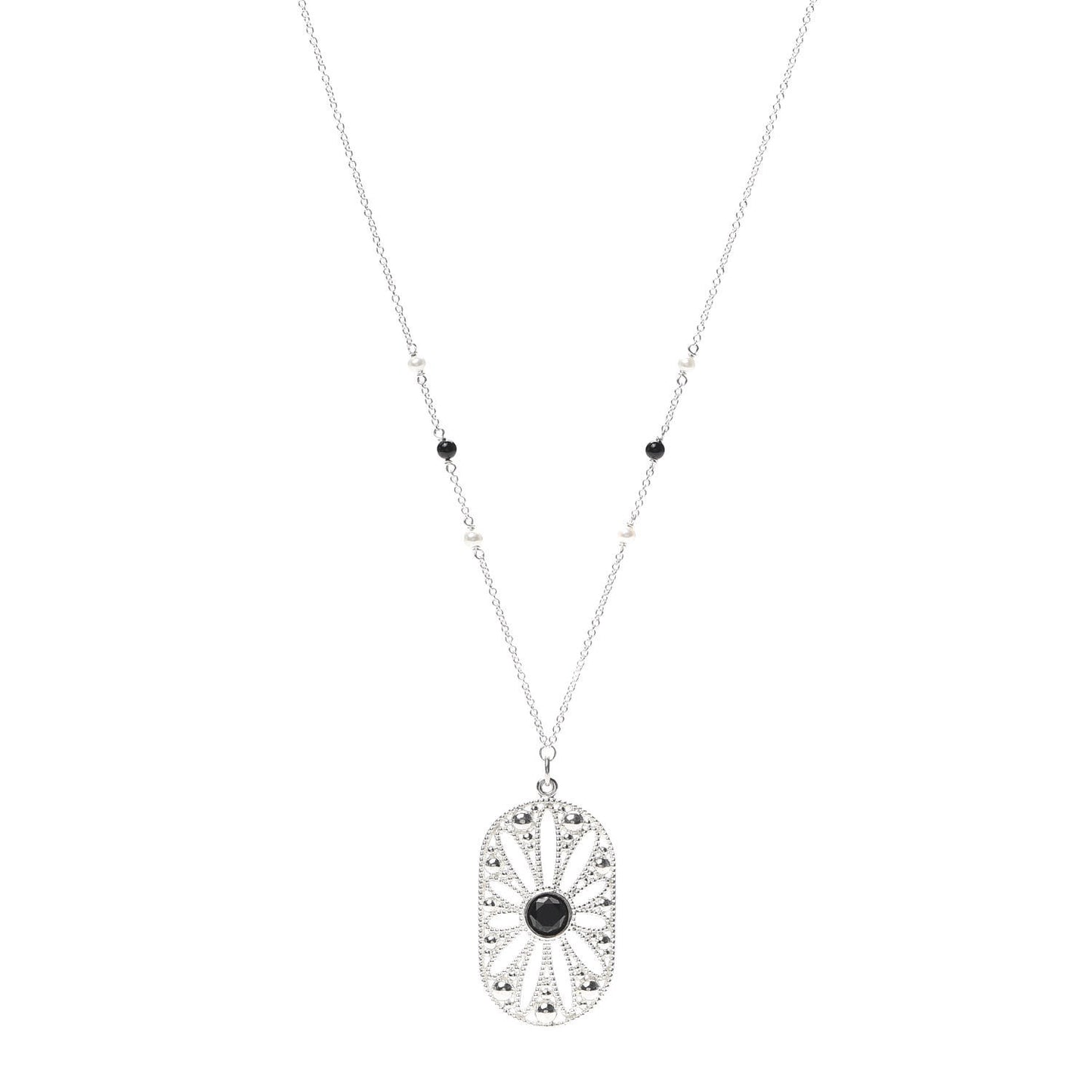 Sterling Silver Black Onyx Pearl Ziegfeld Daisy Pendant Necklace