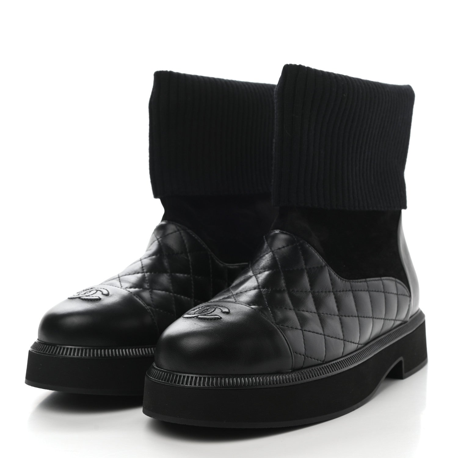 Chanel Suede Lambskin Calfskin Knit Womens Ankle Boots 40 Black 3 of 8