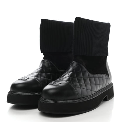 Chanel Suede Lambskin Calfskin Knit Womens Ankle Boots 40 Black 3 of 8