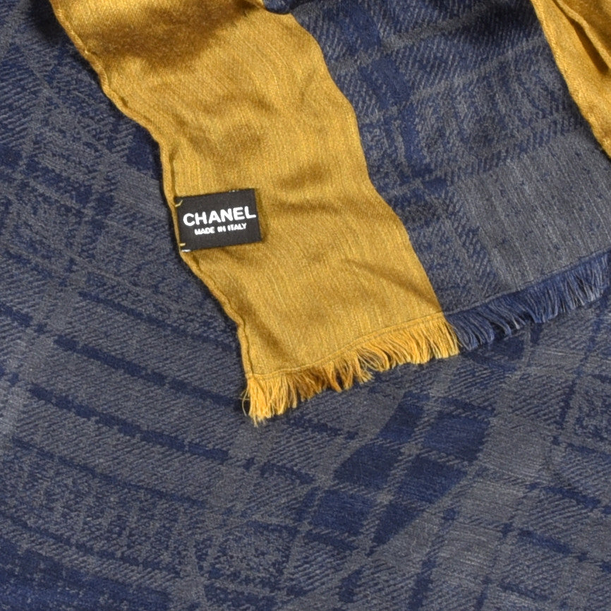 Cashmere Silk Plaid CC Scarf Navy Yellow