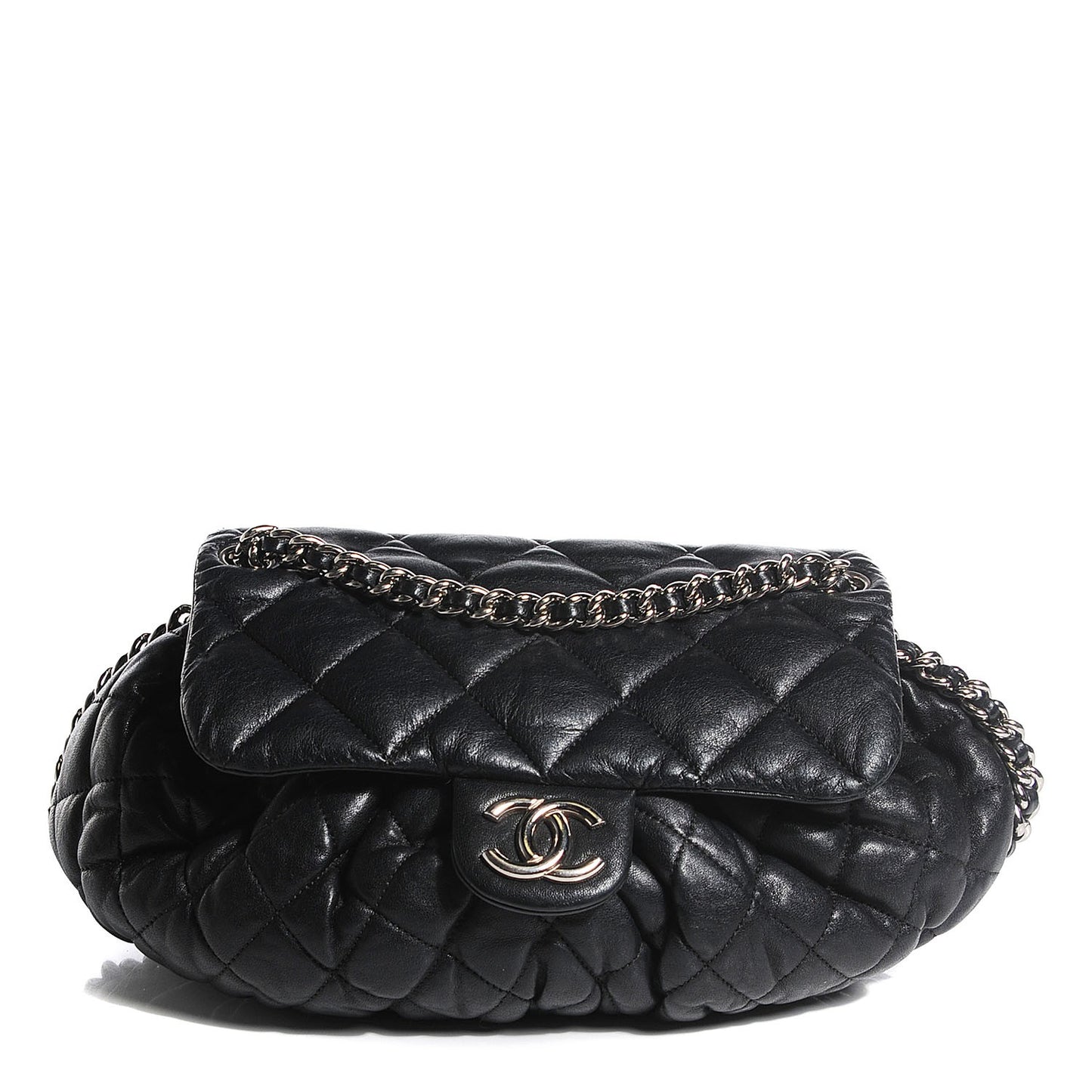 Washed Lambskin Quilted Medium Chain Around Messenger Black