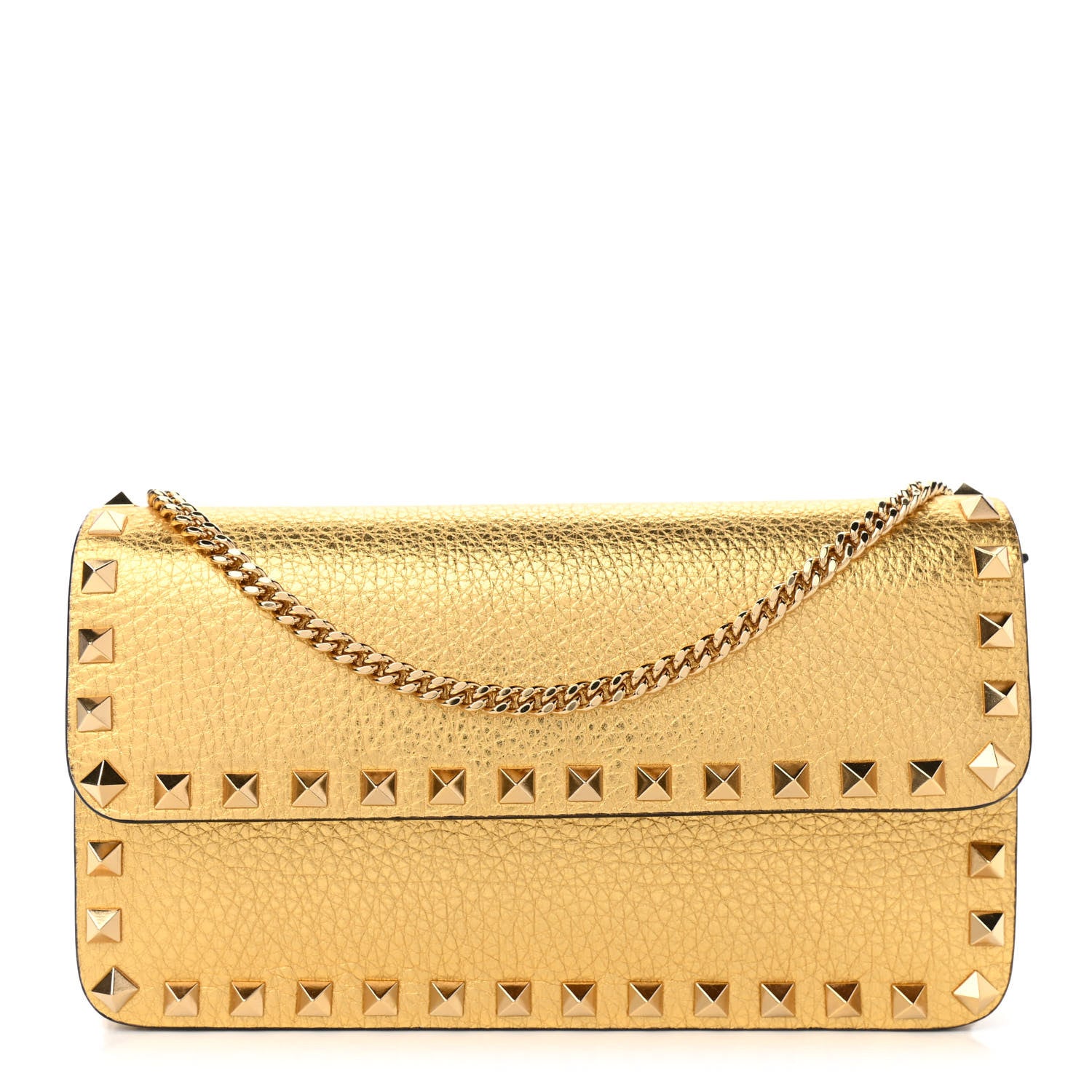 Valentino Garavani Pebbled Calfskin Rockstud Flap Wallet On Chain Soft Gold 1 of 9