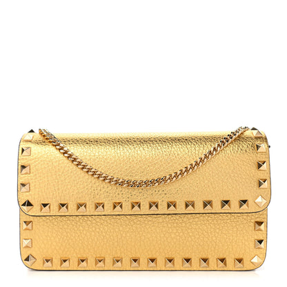 Valentino Garavani Pebbled Calfskin Rockstud Flap Wallet On Chain Soft Gold 1 of 9