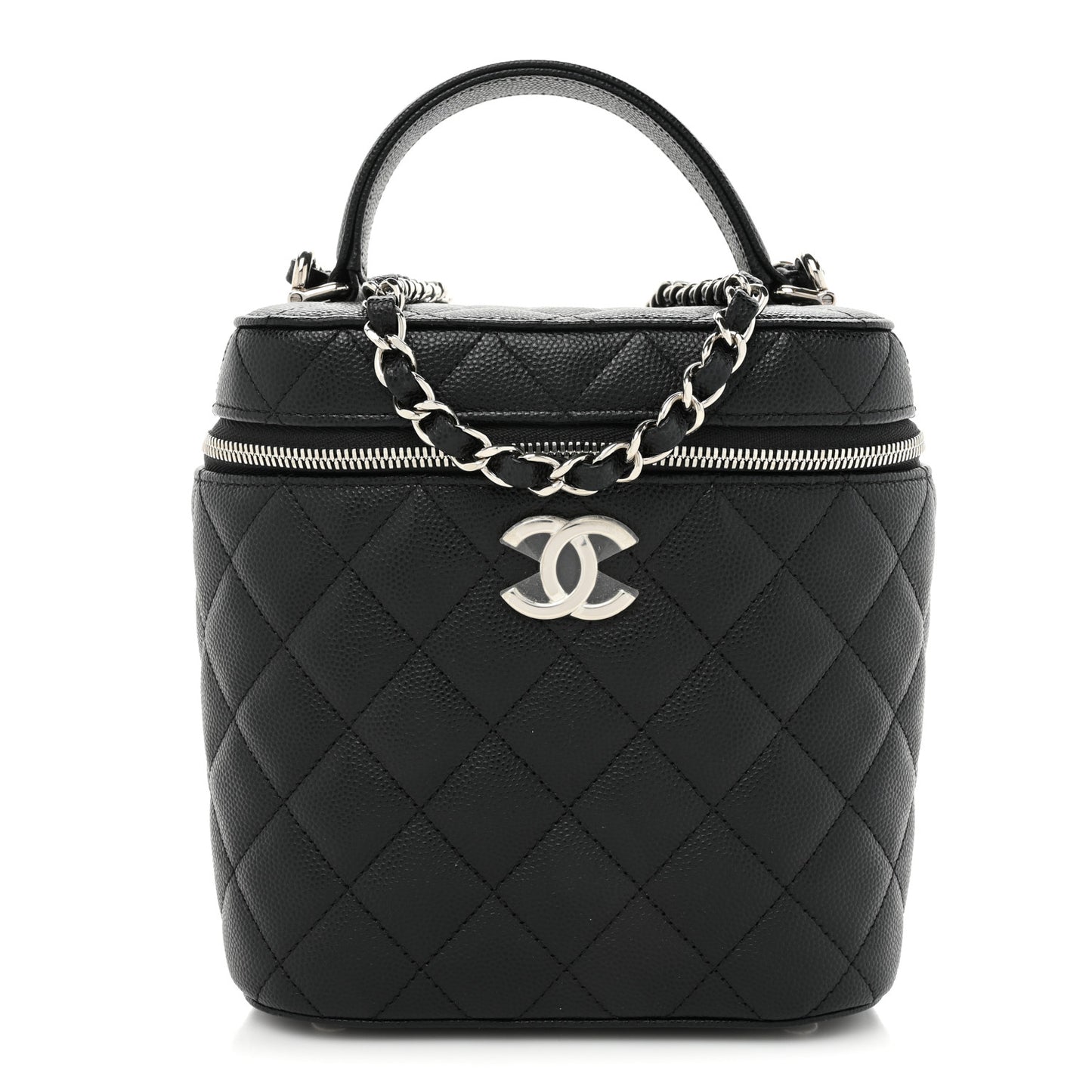 Caviar Quilted Small Top Handle Vanity Case With Chain Black