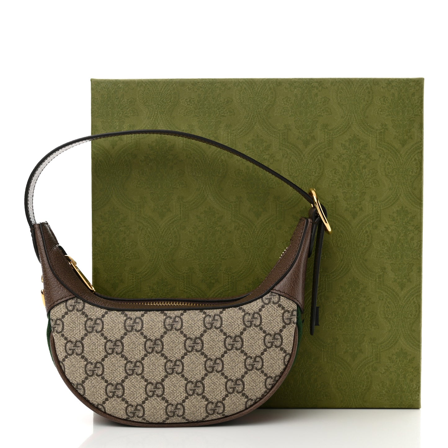 GG Supreme Monogram Textured Calfskin Web Mini Ophidia Half Moon Hobo Beige Ebony New Acero
