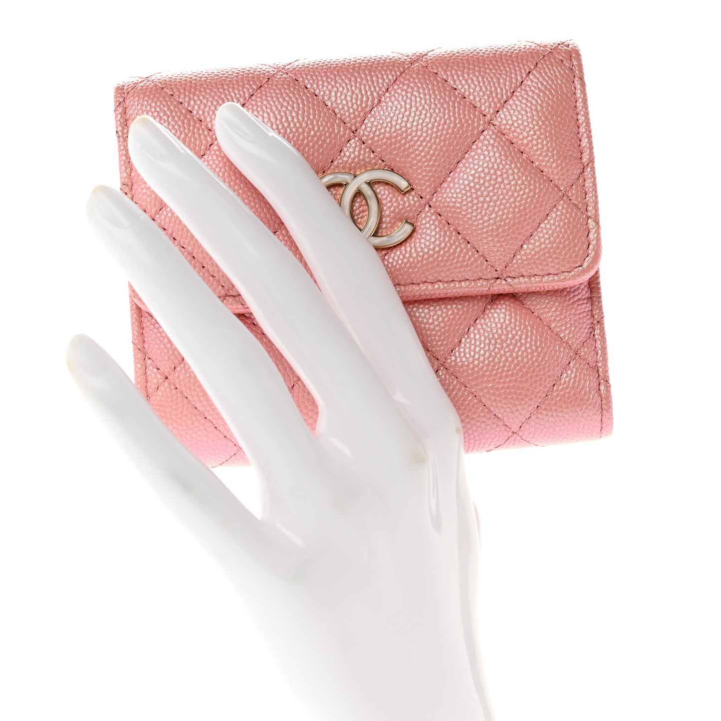Iridescent Caviar Quilted Small Flap Wallet Rose Pink