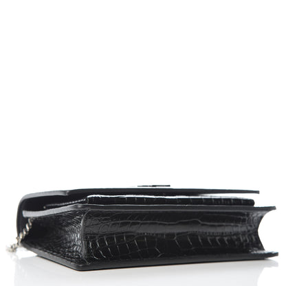 Saint Laurent Calfskin Crocodile Embossed Monogram Sunset Chain Wallet Black 5 of 12