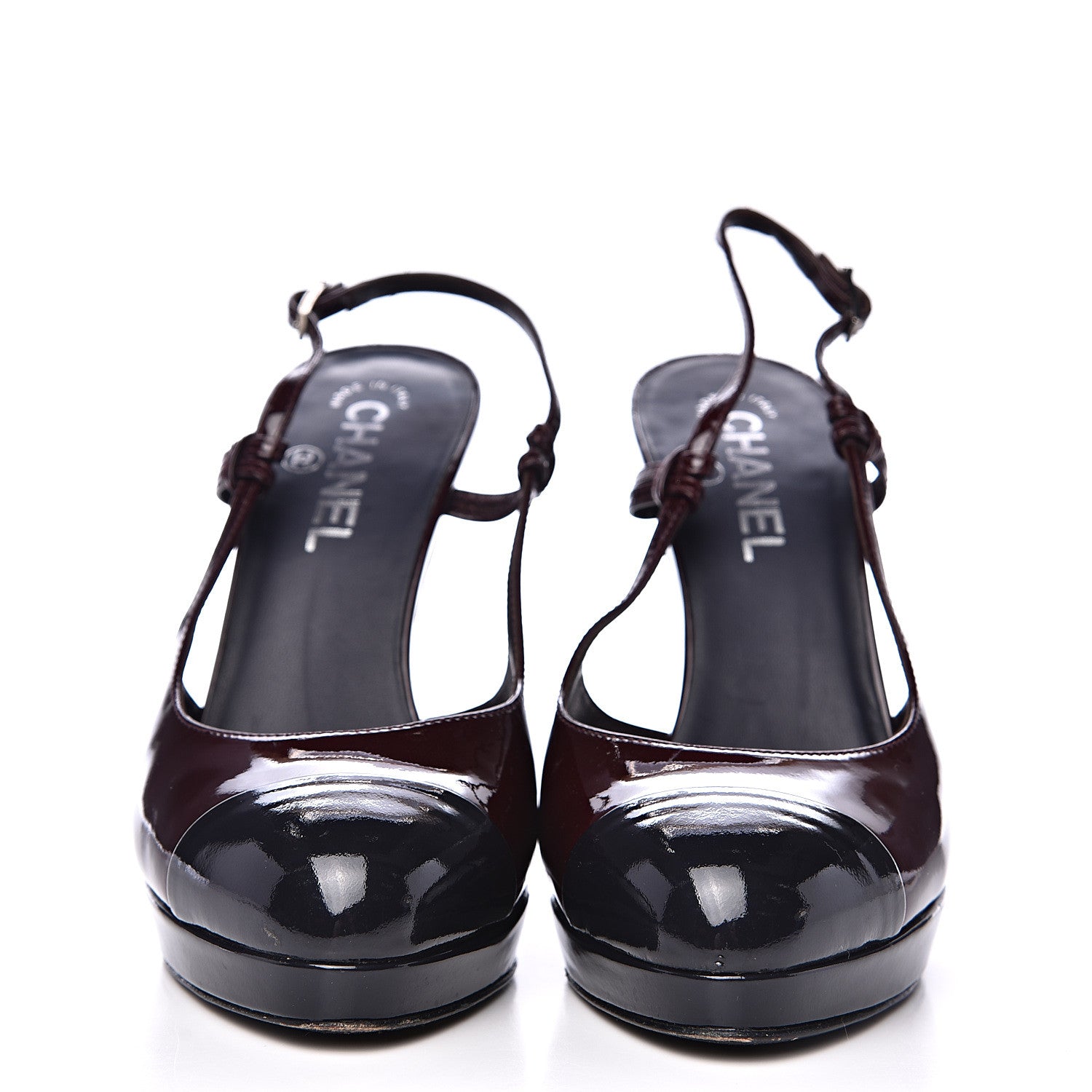 Chanel Patent Cap Toe Sling Back Pumps 38 Burgundy 2 of 9