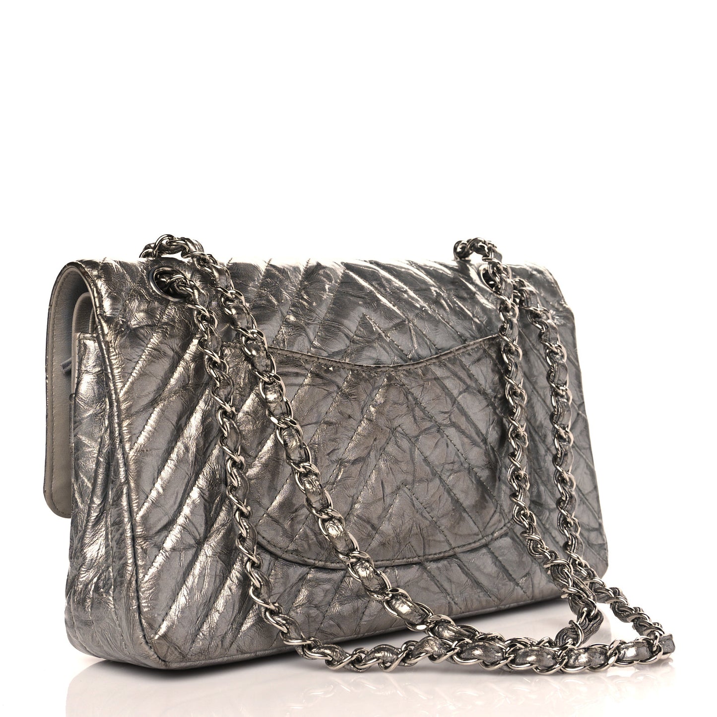 Metallic Patent Crumpled Calfskin Chevron Quilted Medium Double Flap Silver