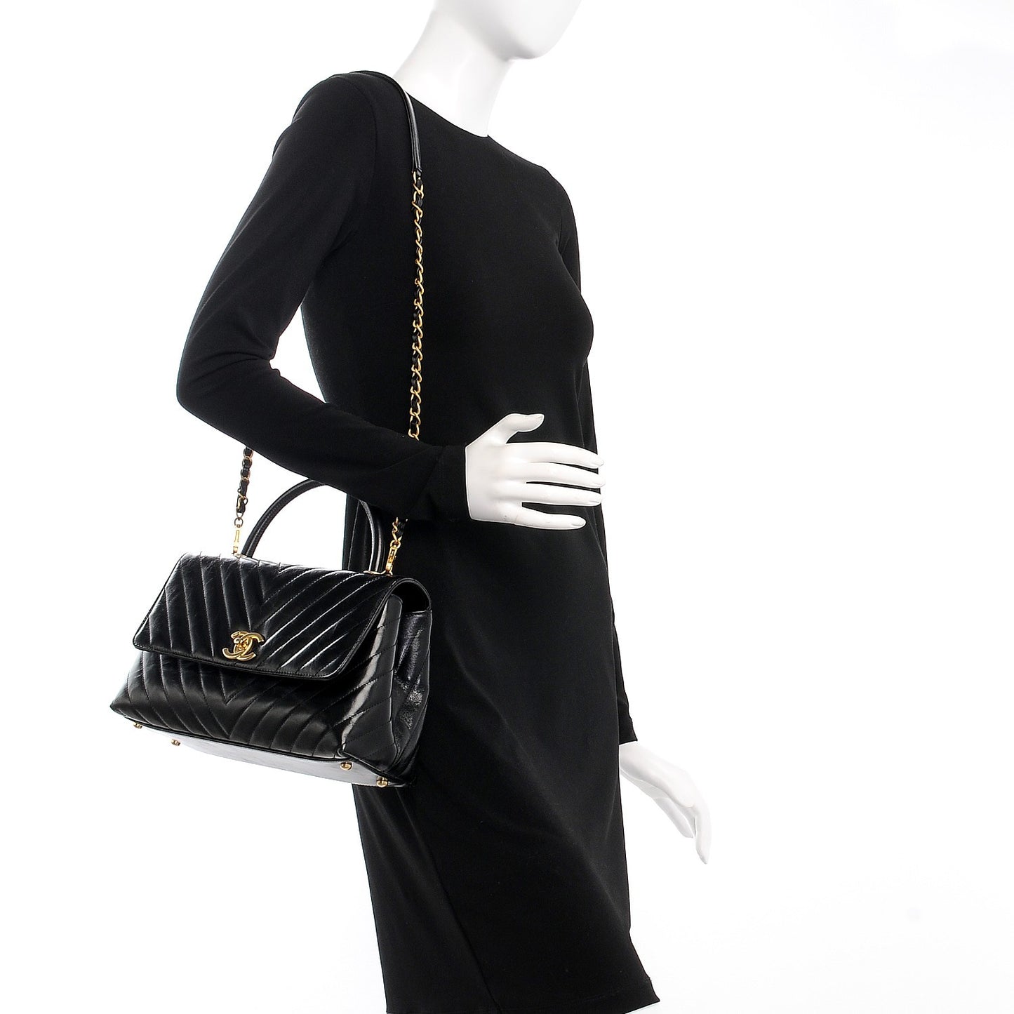 Calfskin Chevron Quilted Coco Handle Flap Black