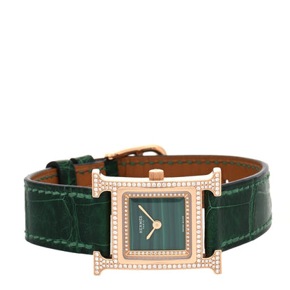 Hermes 18K Rose Gold Alligator Diamond Bezel Malachite 21mm Heure H Hour Quartz Watch Vert Moyen 2 of 5