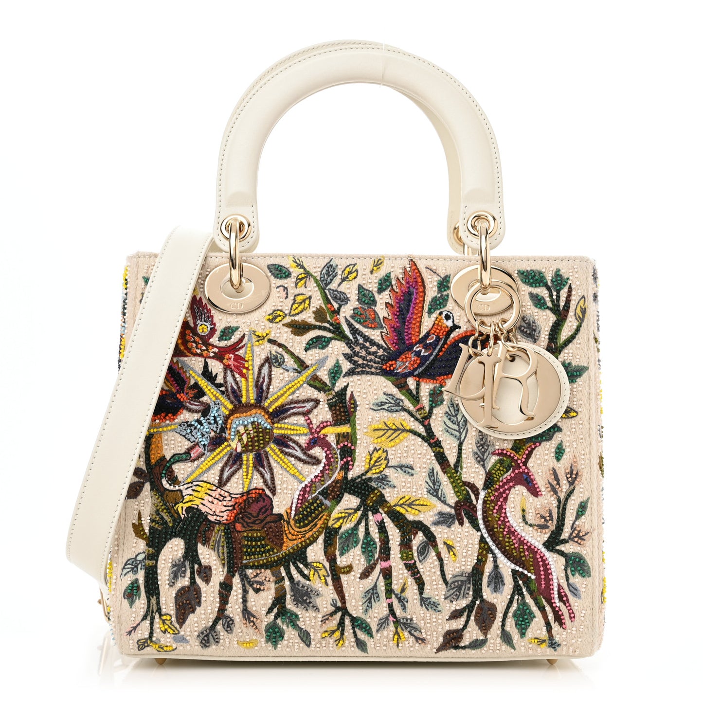 Calfskin Embroidered Medium Lady Dior White Multicolor