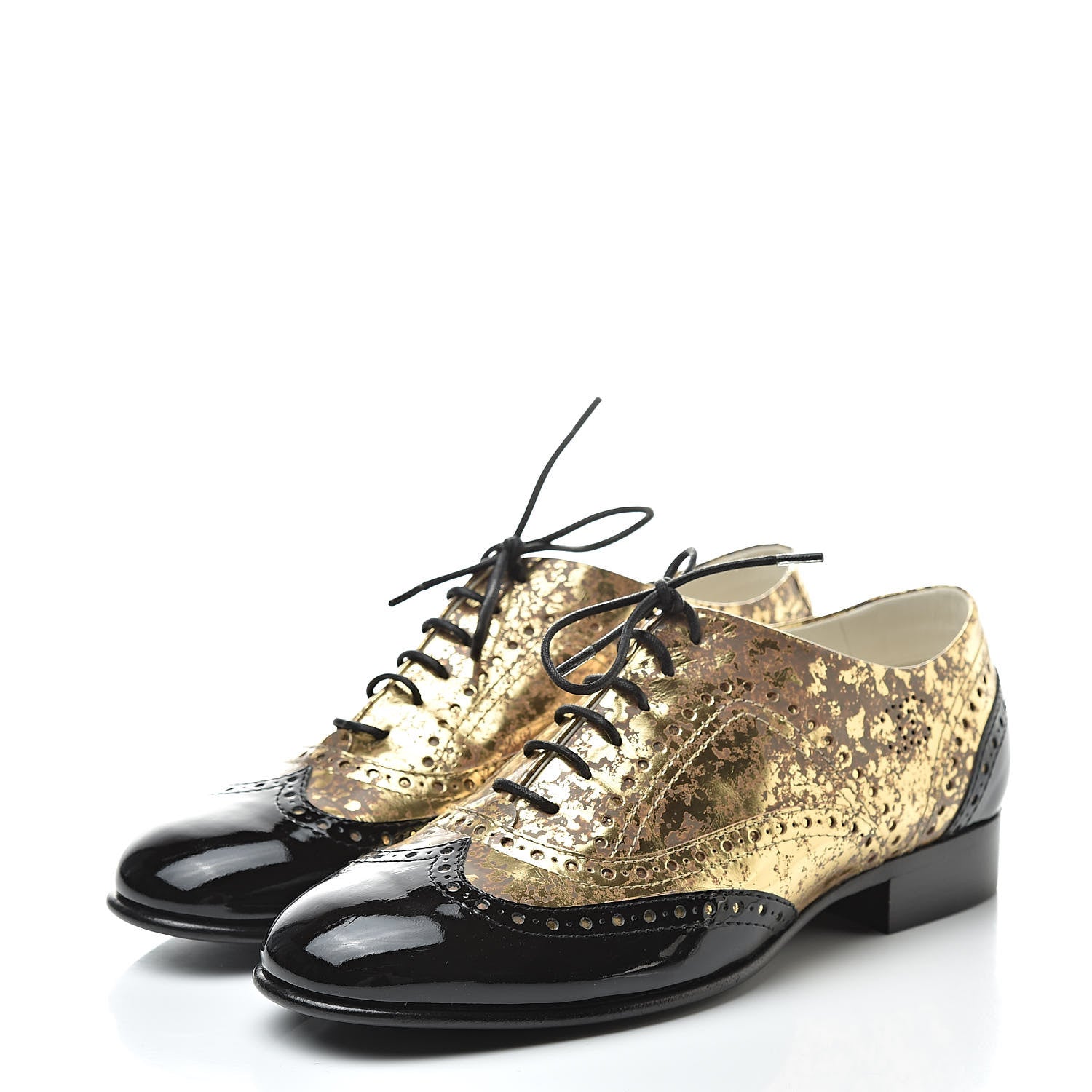 Chanel Fantasy Patent Calfskin Lace Up Oxfords 38 Gold Black 3 of 8