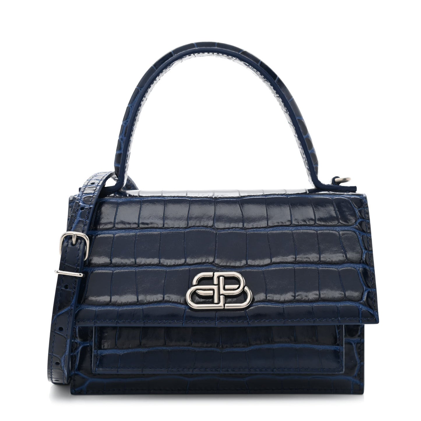 Shiny Calfskin Crocodile Embossed XS Sharp Top Handle Bag Navy