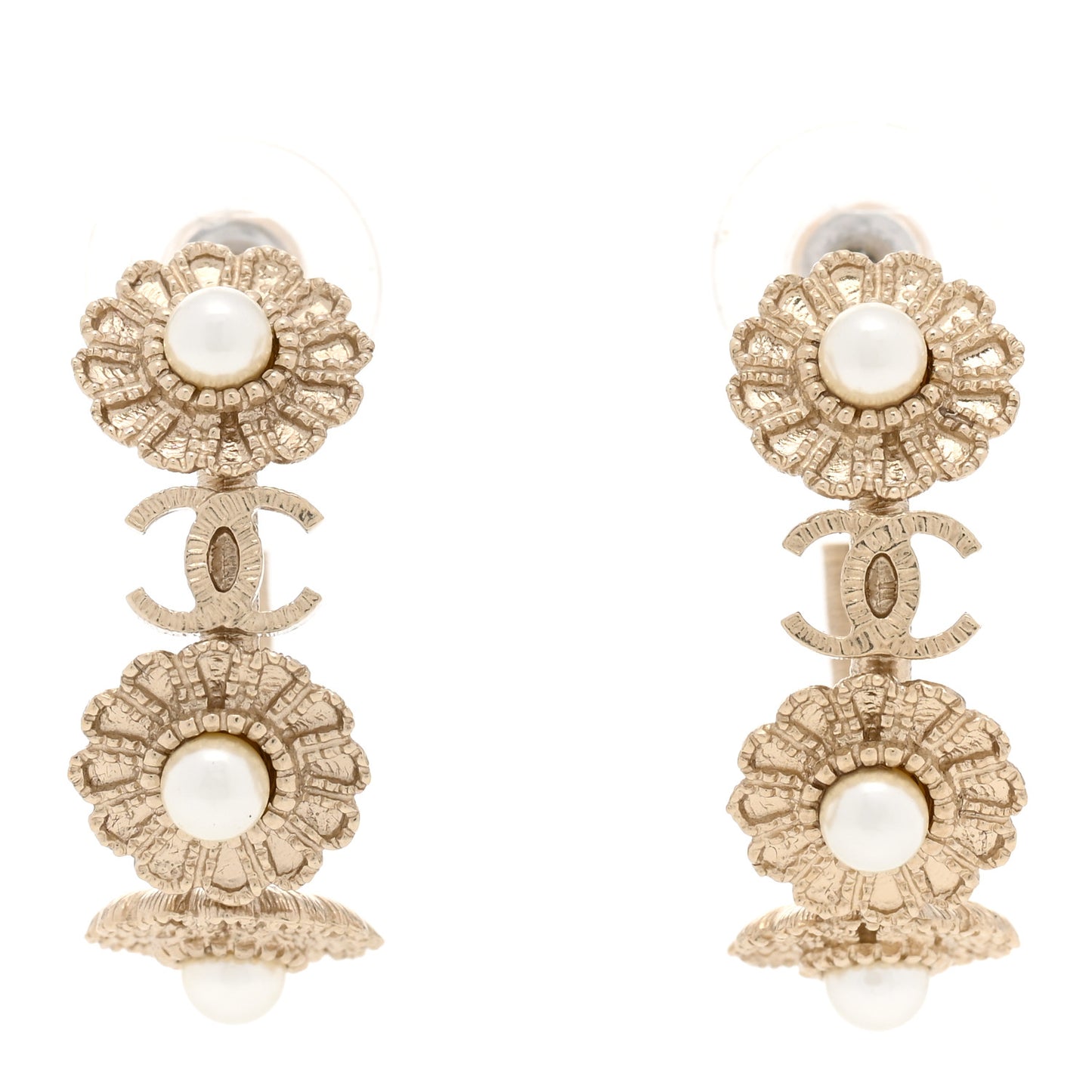 Pearl CC Flower Hoop Earrings Gold White