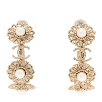 Chanel Pearl CC Flower Hoop Earrings Gold White 1 of 5